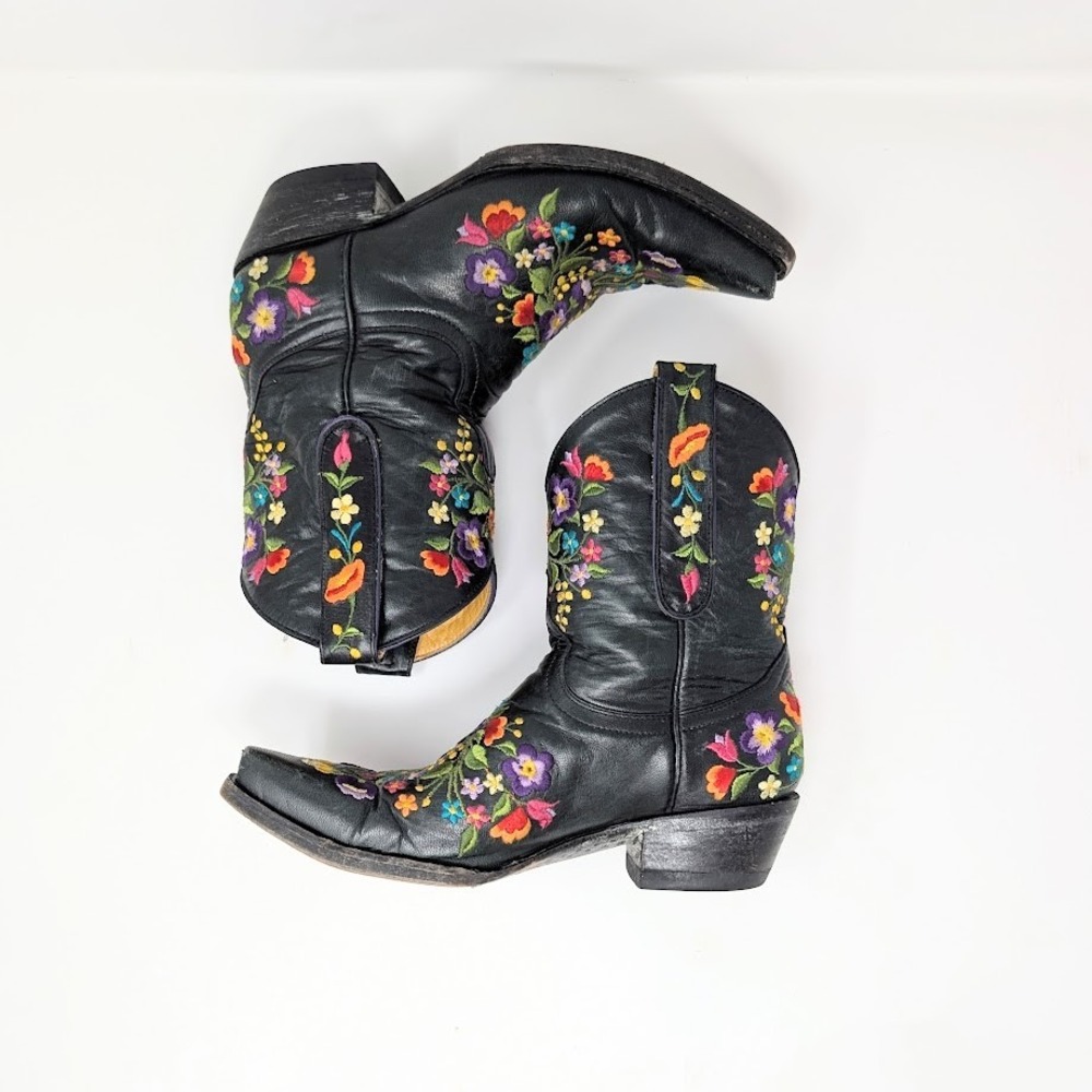 Old Gringo Sora Embroidered Floral Leather Western Cowboy Boots Black 5.5B - Picture 3 of 8